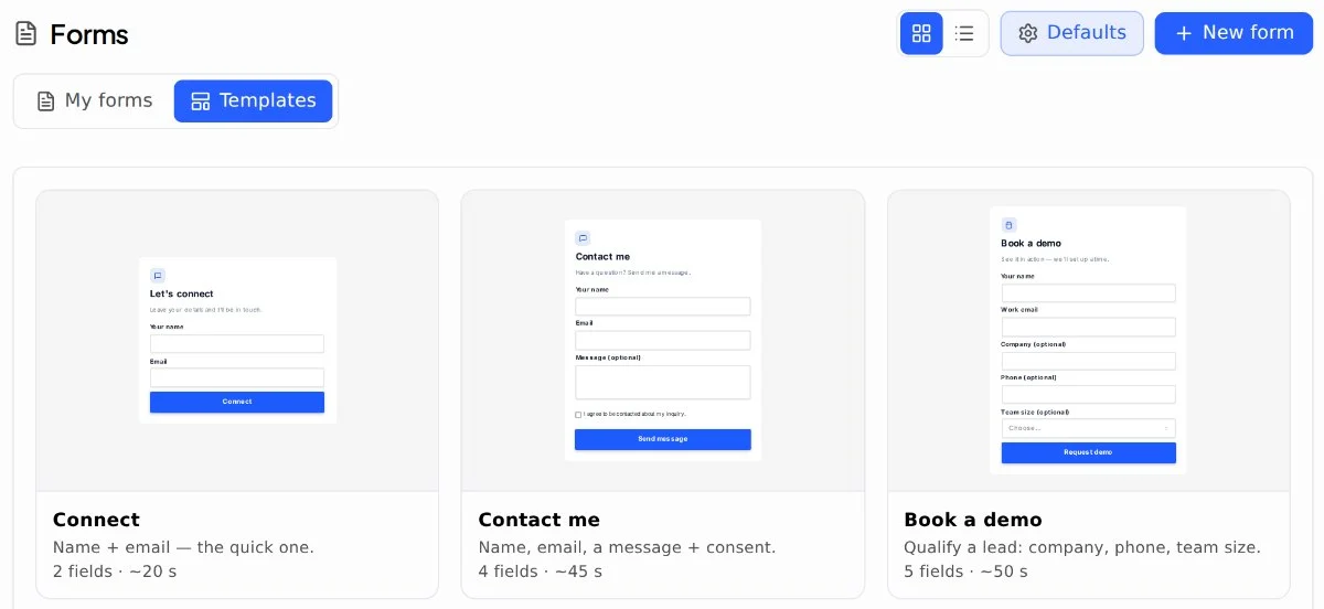 Forms › Templates: Connect, Contact me, Book a demo, Newsletter and Feedback